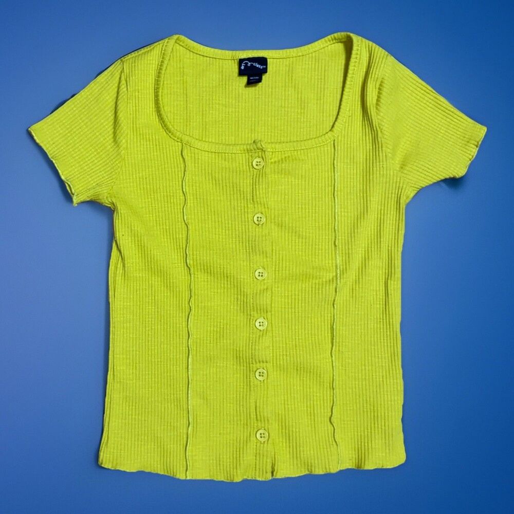 Art Class Girls Yellow Lime Green Ribbed Short Sleeve Bottom Up Top Med 7/8